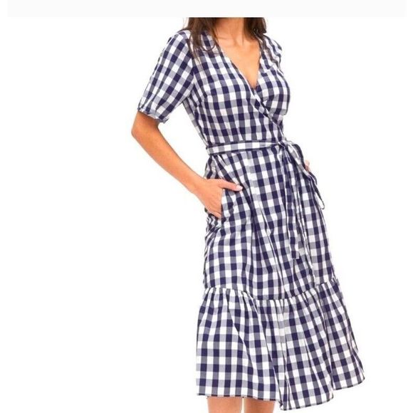NWT size small Gap Navy Blue Gingham Check Plaid Wrap Dress - Picture 1 of 14